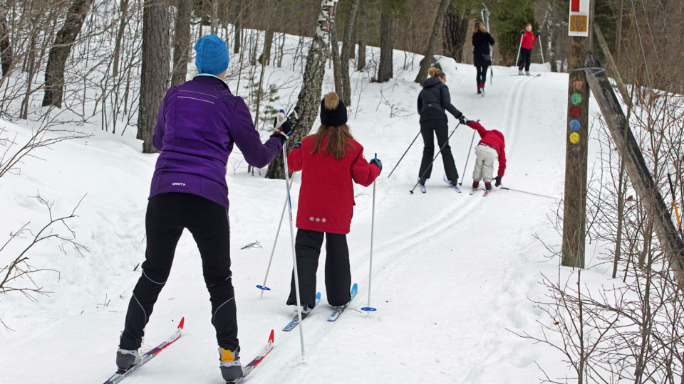Ett par kvinnor och ett par barn som åker längdskidor i ett skidspår.