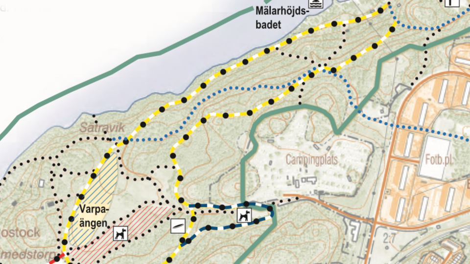 Spårkarta där Bredängsspåret är utmarkerad med gul markering.