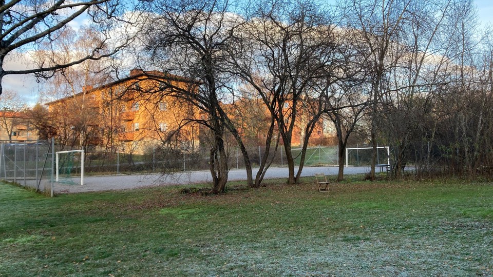 En grusplan med två fotbollsmål, träd i förgrunden och en byggnad syns i bakgrunden.