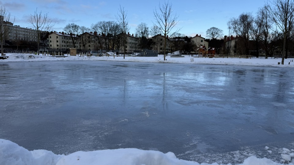 En skridskois omgiven av snö och träd som står glest. I bakgrunden flera flerbostadshus. Foto.