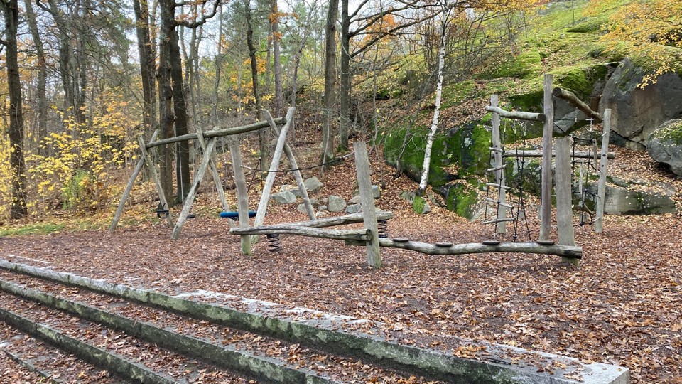 Lekplats i trä omgiven av höstlöv och träd i en skogsdunge.