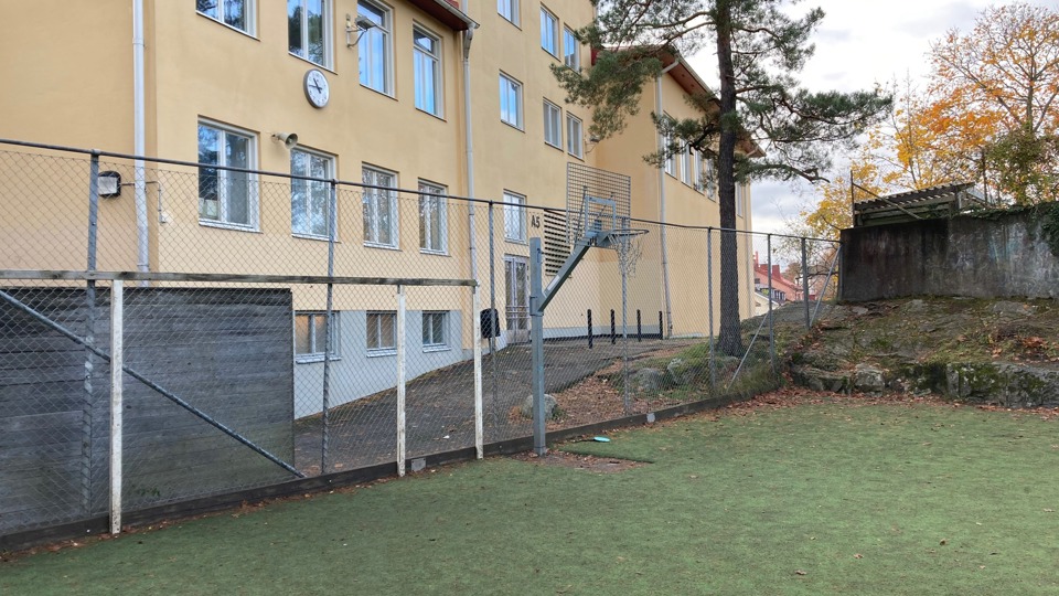 Bollplan med konstgräs framför skolbyggnad, basketkorg och berg i bakgrunden.