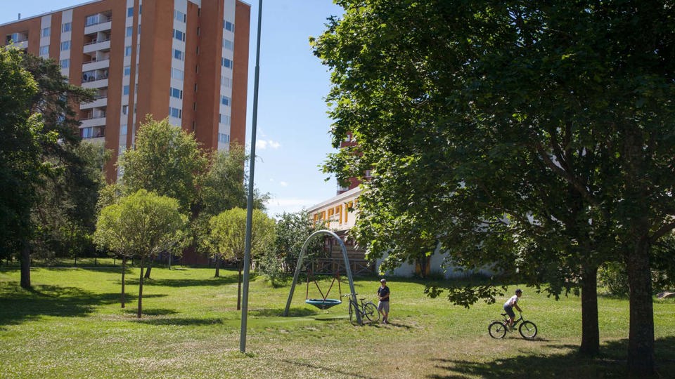 Bland grönskande kullar finns mål uppställda för bollspel