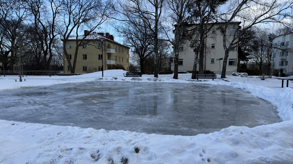 En skridskois omgiven av snö och träd som står glest. I bakgrunden tre flerbostadshus. Foto.