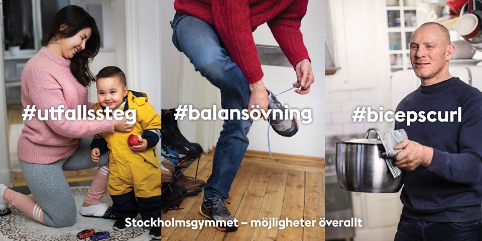 Kollage av kampanjbilder för Stockholmsgymmet där det står #utfallssteg, #balansövning, #bicepscurl och Stockholmsgymmet - möjligheter överallt - med finurliga bilder som kopplar till orden.