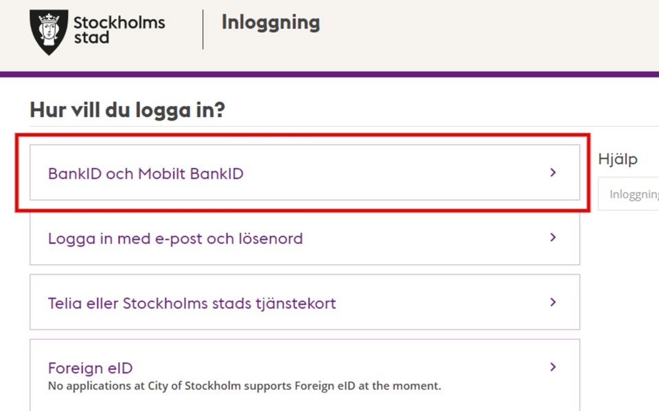 En skärmbild med en ruta som ringar in en webblänk där det står "BankId eller Mobilt BankId".