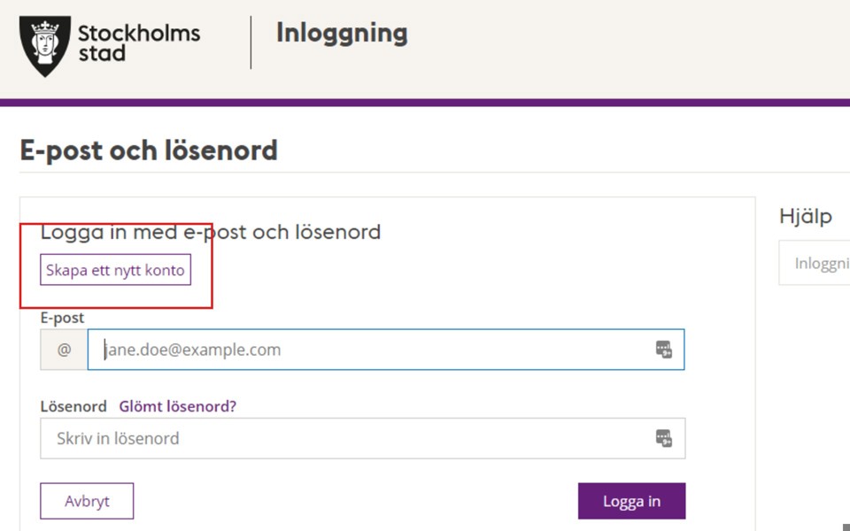 En skärmbild med en ruta som ringar in en webblänk där det står "Skapa nytt konto".