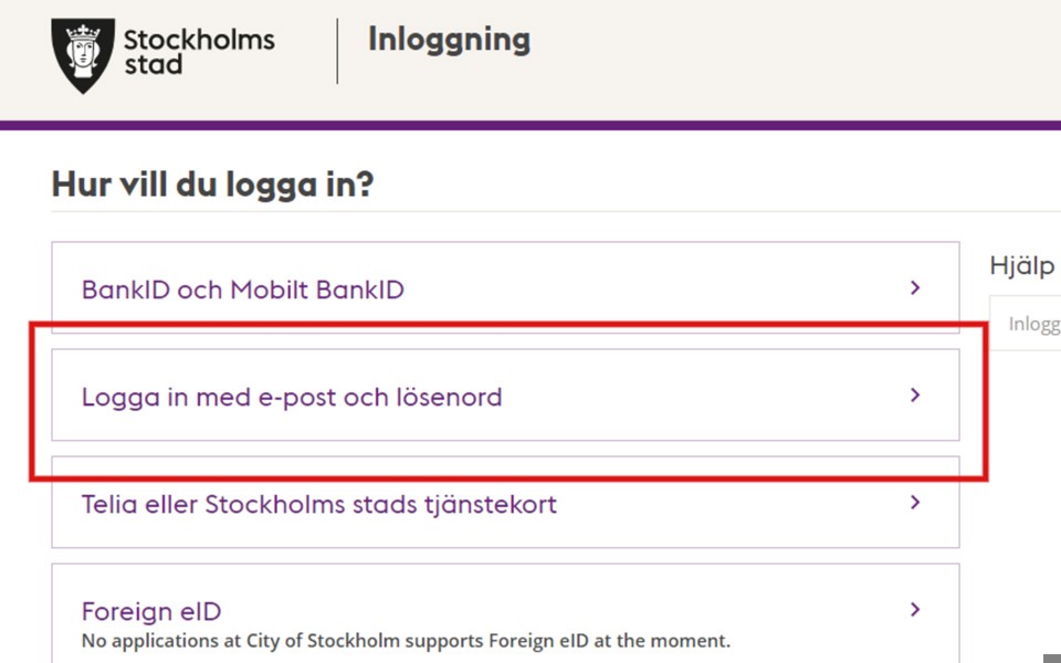 En skärmbild med en ruta som ringar in en webblänk där det står "Logga in med e-post och lösenord".