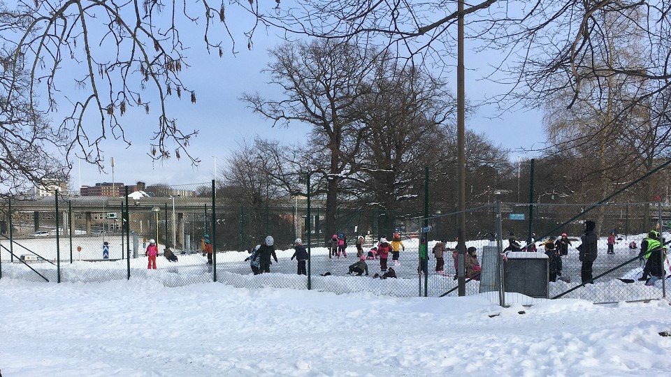 Barn åker skridskor på isbana i en park.