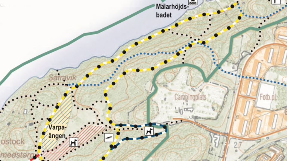 Spårkarta där Bredängsspåret är utmarkerad med gul markering.