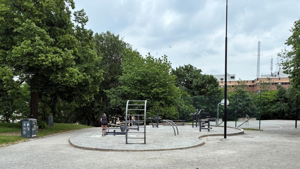 Personer tränar i ett utomhusgym intill en basketplan i en grön park under en mulen himmel.